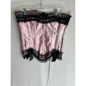 Adore Me Pink Satin Corset Top Black Lace Trim Bows Lace Up Back Medium